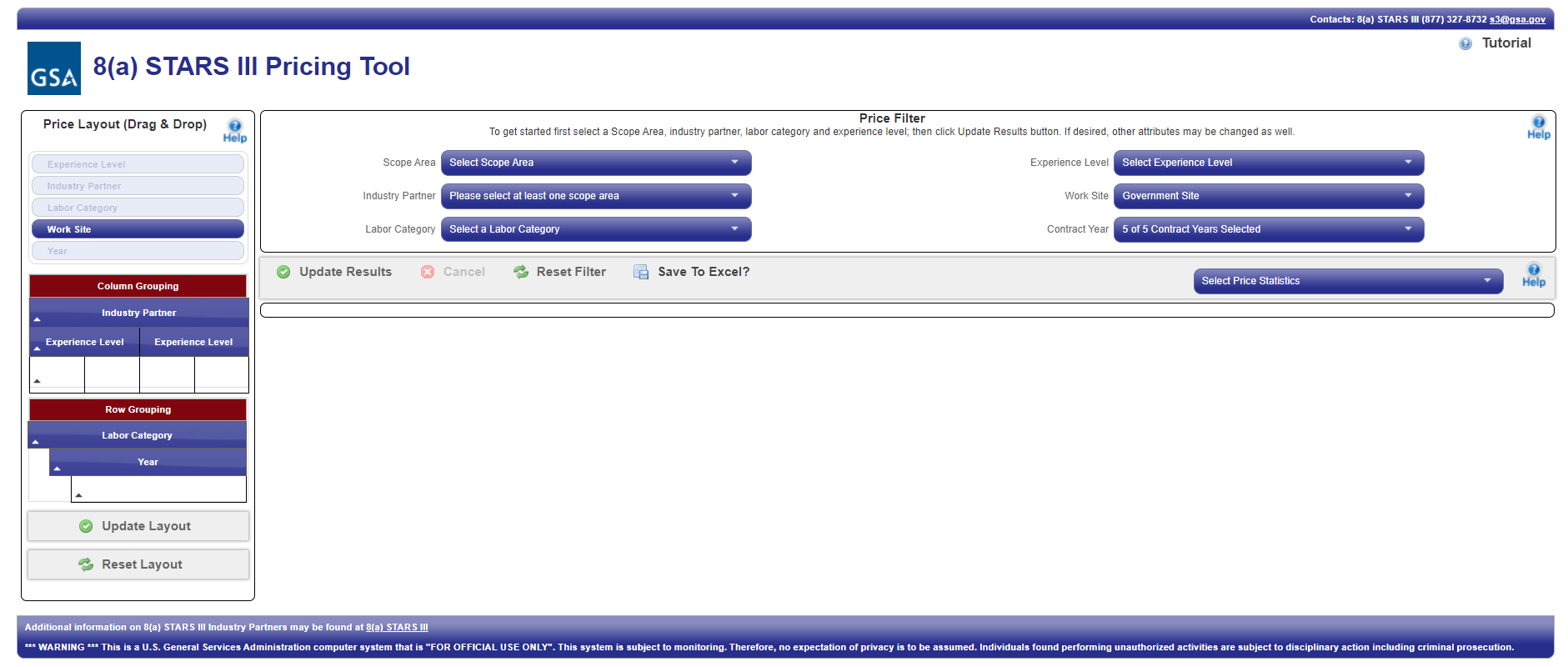 Image: The home page for the 8a STARS III Pricing Tool